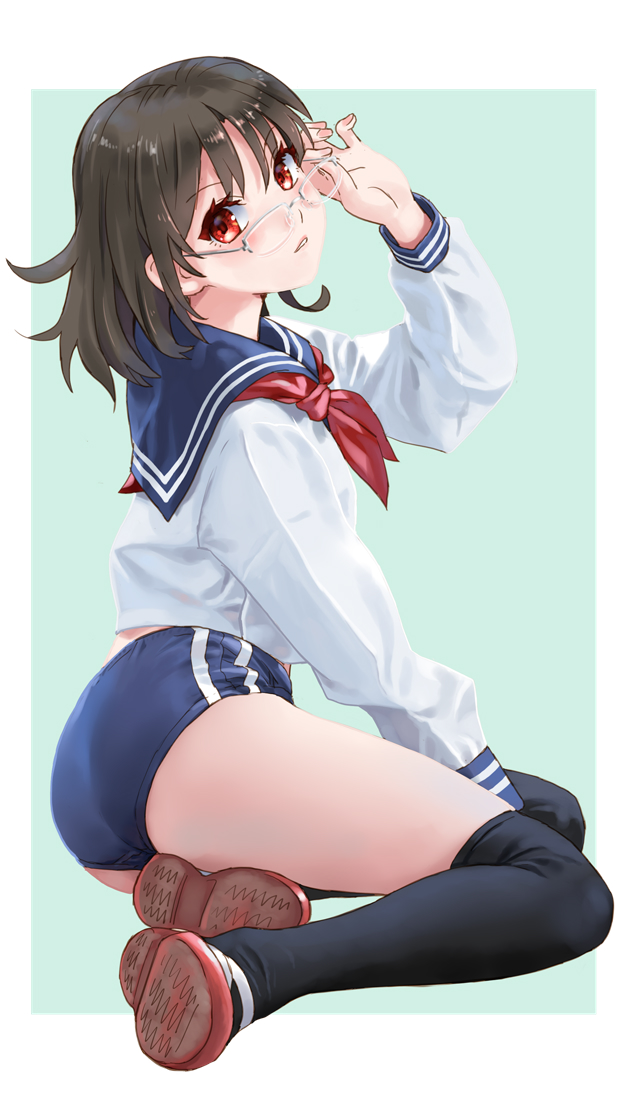 1girl black_hair black_legwear blue_buruma blue_sailor_collar buruma commentary_request full_body glasses katahira_masashi looking_at_viewer neckerchief original parted_lips red_eyes red_neckerchief sailor_collar sailor_shirt school_uniform serafuku shirt shoes short_hair sitting solo thigh-highs uwabaki white_shirt yokozuwari