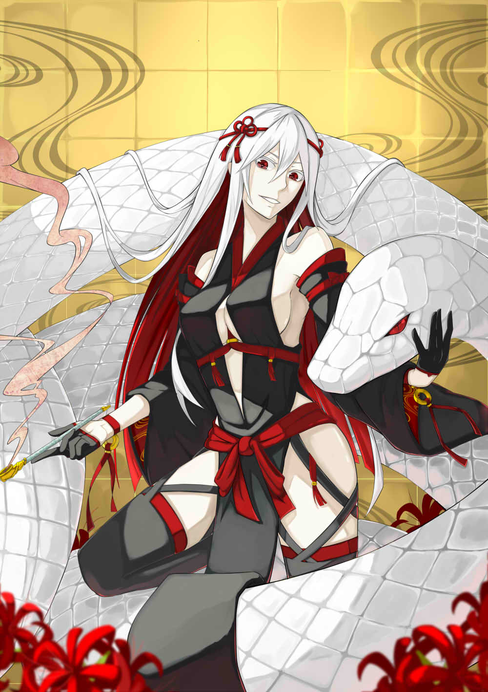 1girl albino bare_shoulders black_gloves black_legwear breasts detached_sleeves flower gloves hair_between_eyes highres japanese_clothes kimono long_hair long_sleeves looking_at_viewer medium_breasts nagihana original parted_lips pelvic_curtain pipe red_eyes sash sideboob sidelocks smile snake solo spider_lily thigh-highs white_hair white_snake wide_sleeves