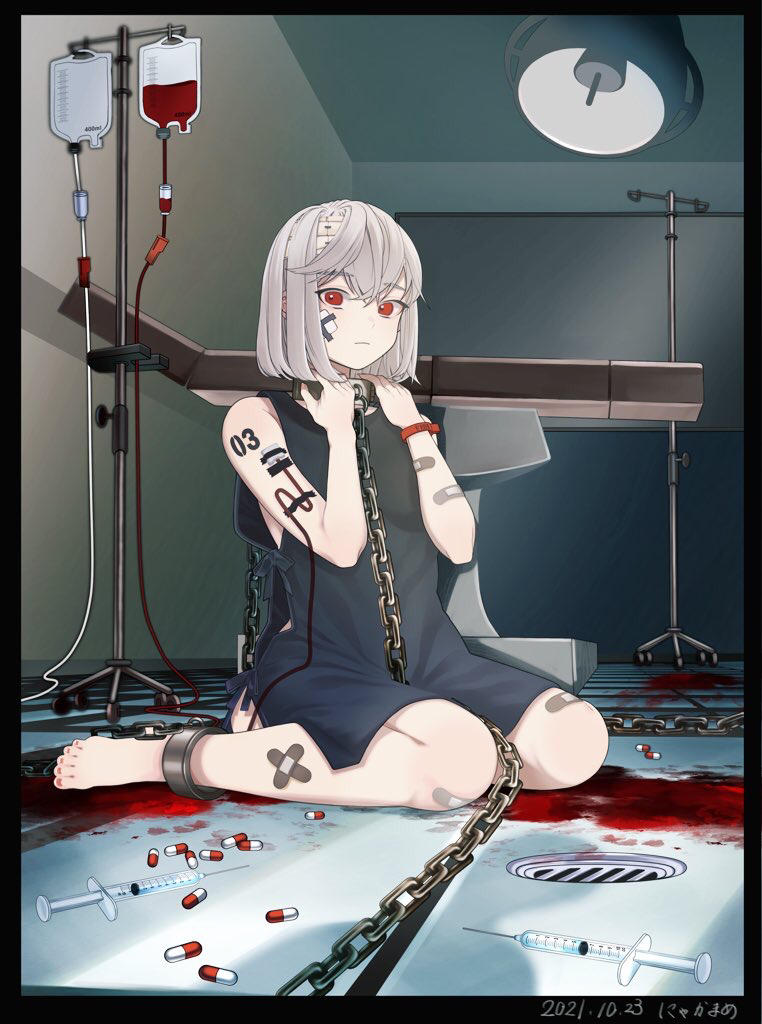 1girl artist_name bandages bandaid bandaid_on_arm bandaid_on_leg bed blood chain collar dated drain_(object) grey_hair hands_up hospital_bed indoors intravenous_drip looking_at_viewer nyakamame original pill red_eyes sleeveless syringe tattoo wristband