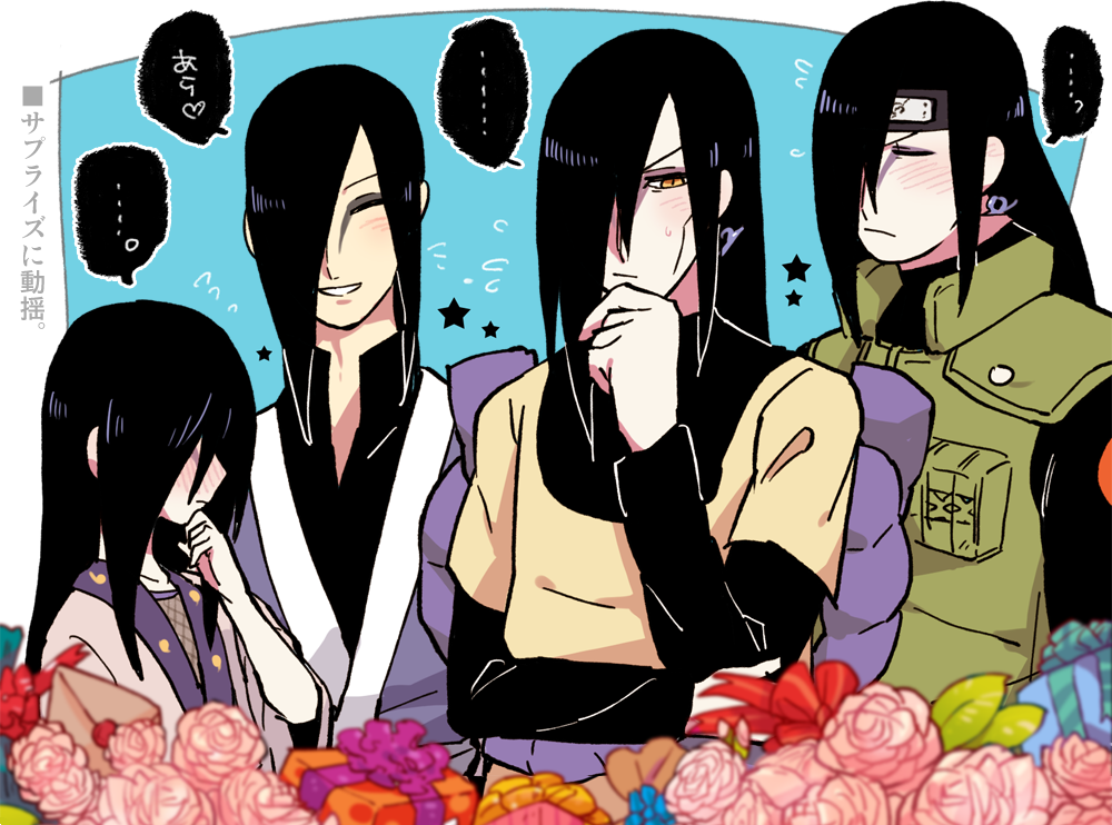 4boys :o bangs black_hair blue_background blush border boruto:_naruto_next_generations child closed_eyes closed_mouth earrings facepaint flower forehead_protector gift grin japanese_clothes jewelry kimono long_hair long_sleeves multiple_boys multiple_persona naruto naruto_(series) naruto_shippuuden ninja older open_mouth orochimaru_(naruto) pale_skin pink_flower pink_rose rose smile speech_bubble teeth time_paradox vest yazakc yellow_eyes younger