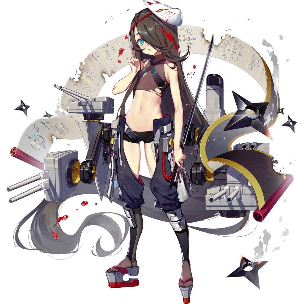 1girl armor black_hair black_shorts black_surge_night blood blood_in_hair blue_eyes burnt chaps flat_chest fox_mask full_body holding holding_sword holding_weapon japanese_clothes long_hair luode_huayuan mask mask_on_head midriff navel official_art oyashio_(black_surge_night) parted_lips rigging scroll short_shorts shorts shuriken smoke solo sword torn_clothes very_long_hair weapon