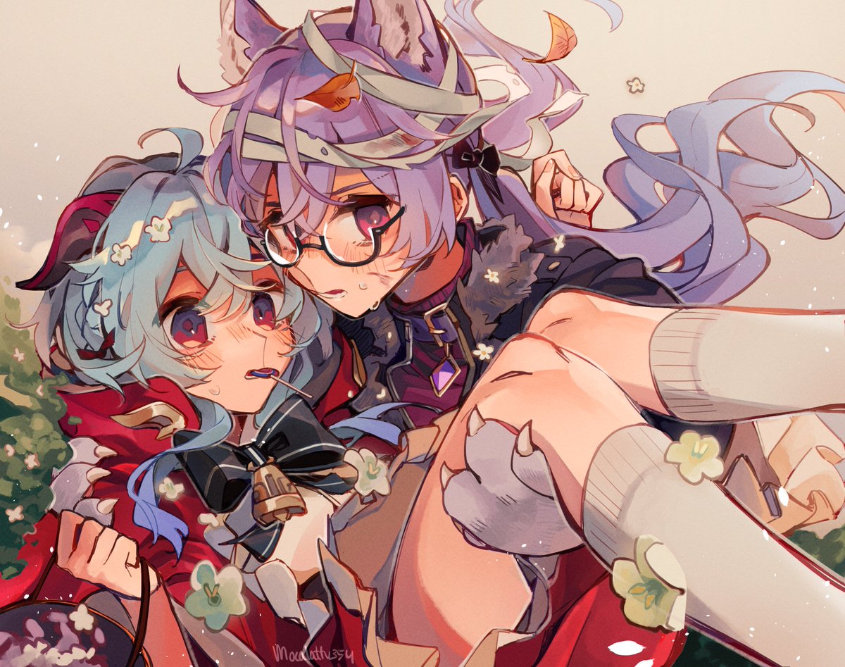 2girls ahoge animal_hands artist_name bell black_bow blue_hair blush bow brown_background candy cape carrying collar commentary english_commentary falling_leaves flower food food_in_mouth ganyu_(genshin_impact) genshin_impact glasses gloves hair_bow hair_flower hair_ornament keqing_(genshin_impact) kneehighs leaf lollipop long_hair looking_at_viewer mokkun354 multiple_girls neck_bell parted_lips paw_gloves princess_carry purple_hair red_cape semi-rimless_eyewear sweatdrop under-rim_eyewear violet_eyes white_flower white_legwear yuri