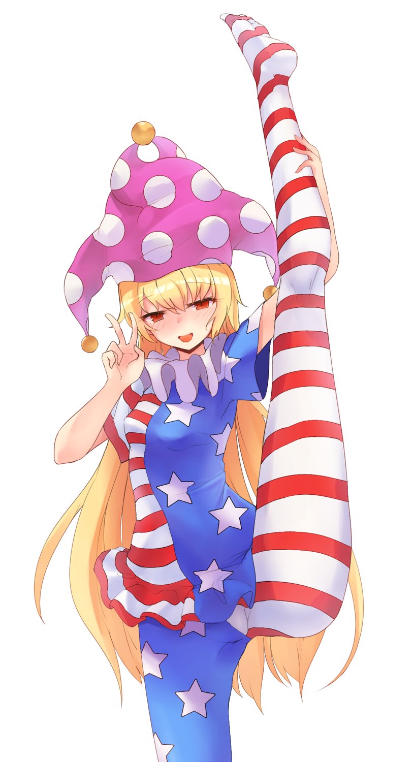 1girl :d american_flag_dress american_flag_legwear bangs blonde_hair blush breasts clownpiece commentary_request eyebrows_visible_through_hair fen_zuo hand_on_own_leg hat highres jester_cap kneepits leg_up long_hair neck_ruff open_mouth panties pantyhose pink_eyes polka_dot purple_headwear shiny shiny_hair simple_background small_breasts smile solo split standing standing_on_one_leg standing_split star_(symbol) star_print striped striped_panties sweatdrop touhou underwear v white_background