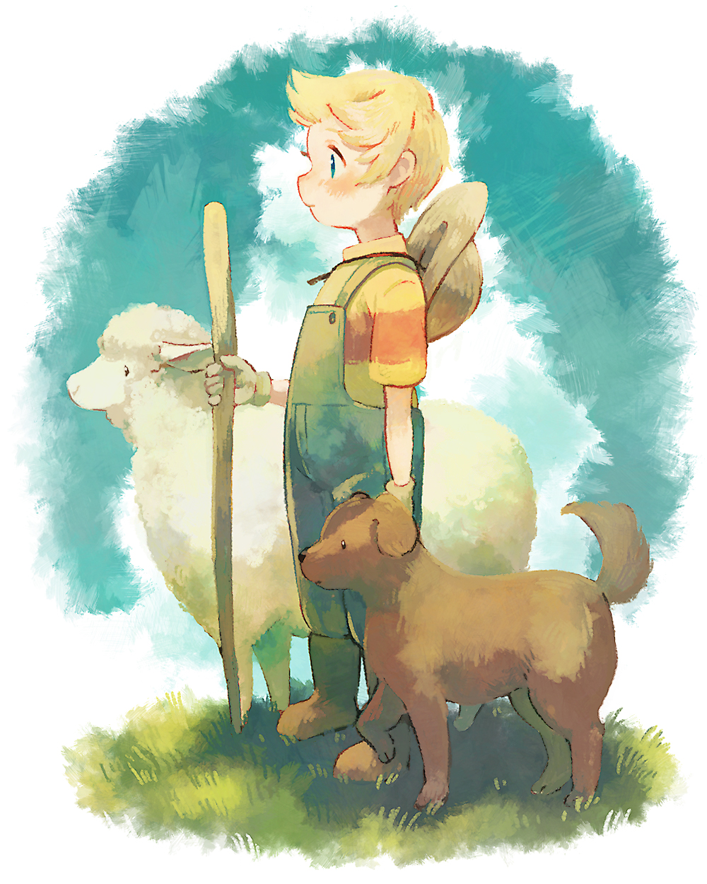 1boy blonde_hair blue_eyes boney brown_fur dog grass hat highres looking_to_the_side lucas_(mother_3) mother_(game) mother_3 overalls profile sheep shifumame shirt short_hair straw_hat striped striped_shirt