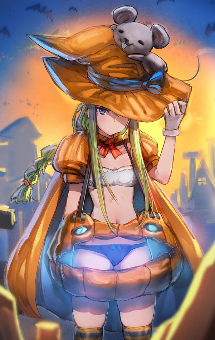 1girl bandeau bat blue_panties bow_(bhp) bra cape closed_mouth gloves green_hair halloween_costume hand_on_headwear hand_up hat hat_over_one_eye long_hair looking_at_viewer mouse_on_head neck_ribbon one_eye_covered orange_cape orange_headwear original panties puffy_short_sleeves puffy_sleeves red_ribbon revision ribbon short_sleeves solo standing strapless tube_top underwear white_bra white_gloves witch_hat