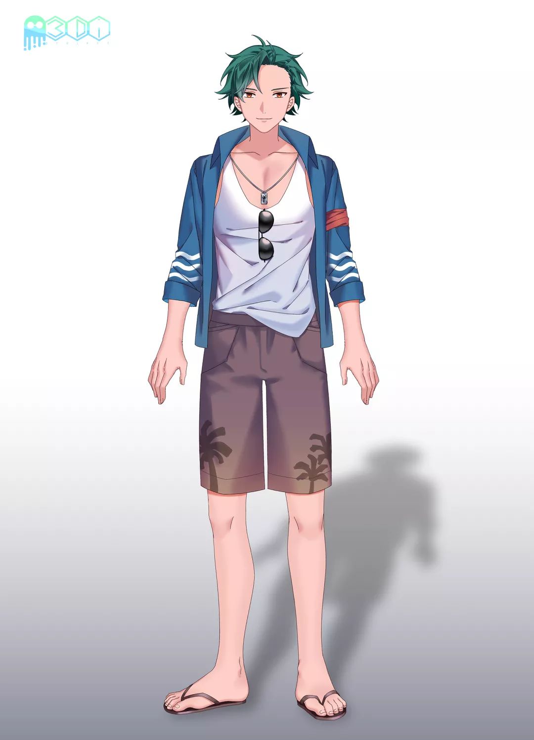 1boy 3di_project bangs closed_mouth collared_shirt full_body gradient gradient_background green_hair highres jortun_leventor loose_clothes male_focus red_eyes rigu_(3di) shadow shirt short_sleeves shorts slippers solo sunglasses virtual_youtuber white_shirt