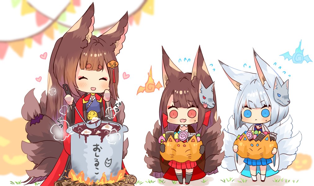 3girls :d ^_^ ^o^ akagi_(azur_lane) amagi_(azur_lane) animal_ears azur_lane bangs basket blue_eyes blunt_bangs bonfire brown_hair candy candy_cane carrying chibi chocolate chocolate_bar closed_eyes commentary_request cooking eyebrows_visible_through_hair eyeshadow fire flag food fox_ears fox_girl fox_mask fox_tail full_body hair_ornament hair_tubes hitodama holding holding_ladle jack-o'-lantern japanese_clothes kaga_(azur_lane) kyuubi ladle lollipop long_hair long_sleeves looking_at_another makeup mask mask_on_head mochi multiple_girls multiple_tails putimaxi red_eyes shiruko_(food) short_hair sidelocks simple_background smile standing steam sweat tail thick_eyebrows translation_request white_hair wide_sleeves wood