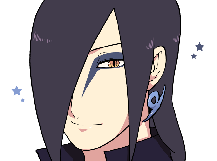 1boy bangs black_hair boruto:_naruto_next_generations closed_mouth earrings facepaint hair_over_one_eye jewelry long_hair looking_at_viewer naruto naruto_(series) ninja orochimaru_(naruto) simple_background smile solo star_(symbol) white_background yazakc yellow_eyes