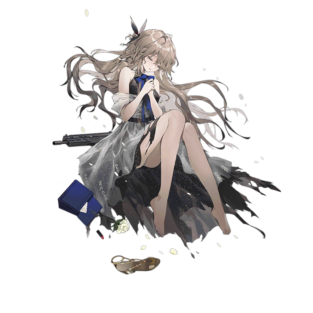 1girl bag_removed bare_legs bare_shoulders barefoot belt black_belt black_dress blonde_hair blue_bow blue_bowtie bow bowtie breasts closed_eyes closed_mouth cosmetics dress eyebrows_visible_through_hair flower girls_frontline gun hair_flower hair_ornament hand_on_hand lipstick_tube long_hair medium_breasts mole mole_under_eye official_art petals rose shoe_removed sitting solo sp9_(girls'_frontline) stribog_sp9 submachine_gun toes torn_clothes torn_dress transparent_background weapon white_dress white_flower white_rose youamo