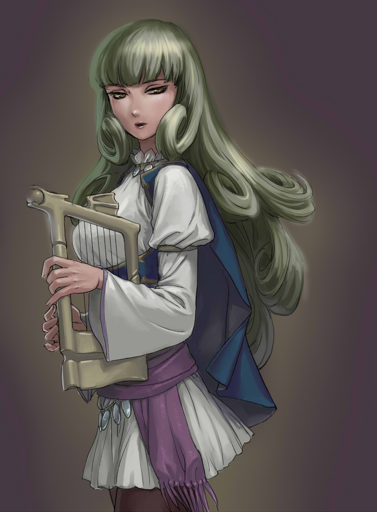 1girl bangs black_legwear blue_cape cape cowboy_shot curly_hair dress esperides_ode harp holding holding_instrument instrument juliet_sleeves light_green_hair long_hair long_sleeves open_mouth pantyhose puffy_sleeves shaula_(esperides_ode) solo very_long_hair white_dress wide_sleeves yellow_eyes yuccoshi