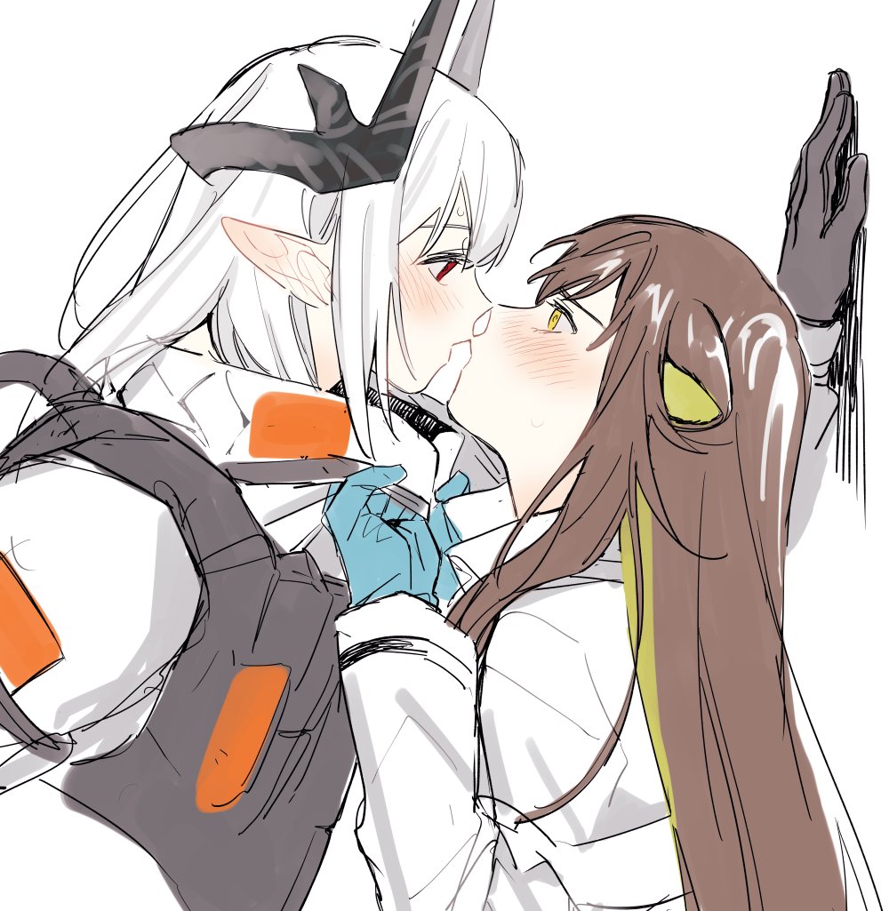 2girls animal_ears arknights bangs blonde_hair blush brown_hair cat_ears cat_girl closed_mouth collar_grab colored_inner_hair demon_girl demon_horns ear_blush folinic_(arknights) gloves height_difference horns imminent_kiss kabedon long_hair long_sleeves mudrock_(arknights) multicolored_hair multiple_girls pointy_ears pulling red_eyes since2019 symbol-only_commentary two-tone_hair white_hair yellow_eyes yuri