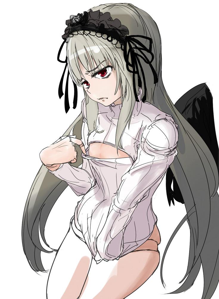 1girl closed_mouth doll_joints hairband joints lolita_hairband long_hair meme_attire open-chest_sweater red_eyes rozen_maiden shousetsu silver_hair simple_background solo suigintou sweater turtleneck turtleneck_sweater virgin_killer_sweater white_background wings