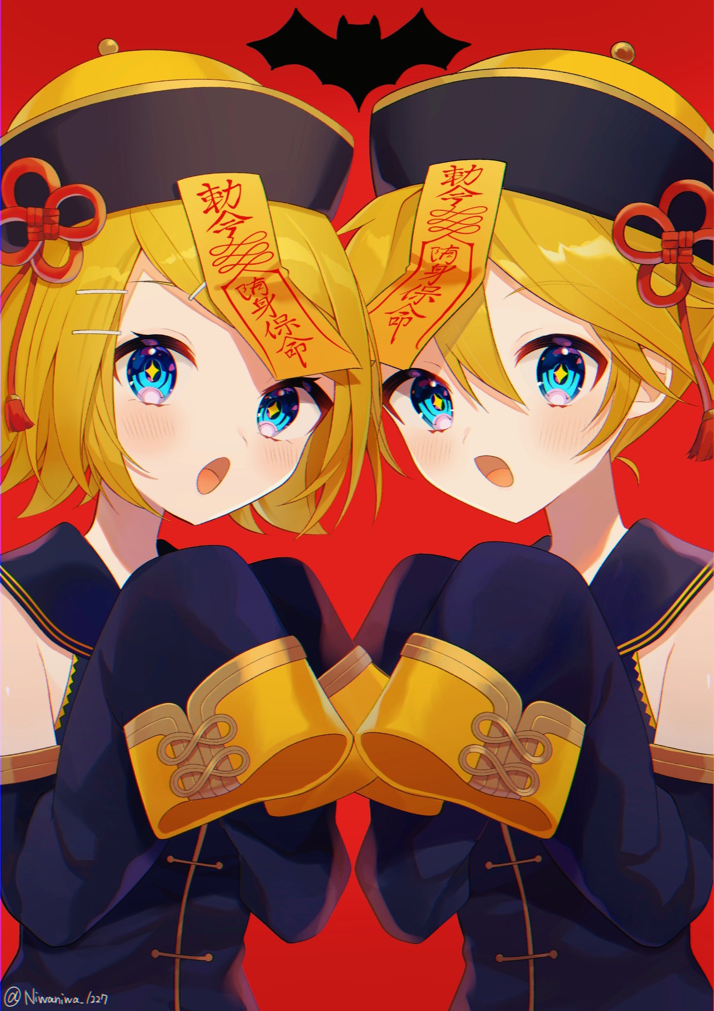 1boy 1girl bangs bat black_collar black_headwear black_shirt black_sleeves blonde_hair blue_eyes chinese_clothes collar collared_shirt commentary detached_sleeves hair_ornament hairclip hands_up hat highres jiangshi jiangshi_costume kagamine_len kagamine_rin looking_at_viewer niwaniwa_1227 ofuda ofuda_on_head open_mouth qing_guanmao red_background sailor_collar shirt short_hair side-by-side sleeveless sleeveless_shirt sleeves_past_fingers sleeves_past_wrists sparkling_eyes swept_bangs tassel upper_body vocaloid