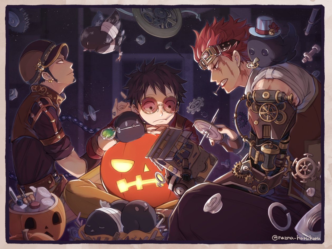 3boys alternate_costume amputee animal bird black_hair border earrings eustass_captain_kid fingernails goggles goggles_on_head hat head_rest holding jack-o'-lantern jewelry light_smile lips looking_at_another male_focus metal missing_limb monkey_d._luffy multiple_boys nail_polish nazna_haruharu one_piece pants prosthesis pumpkin red_nails redhead shirt short_hair sideburns sitting sunglasses teeth_hold trafalgar_law twitter_username