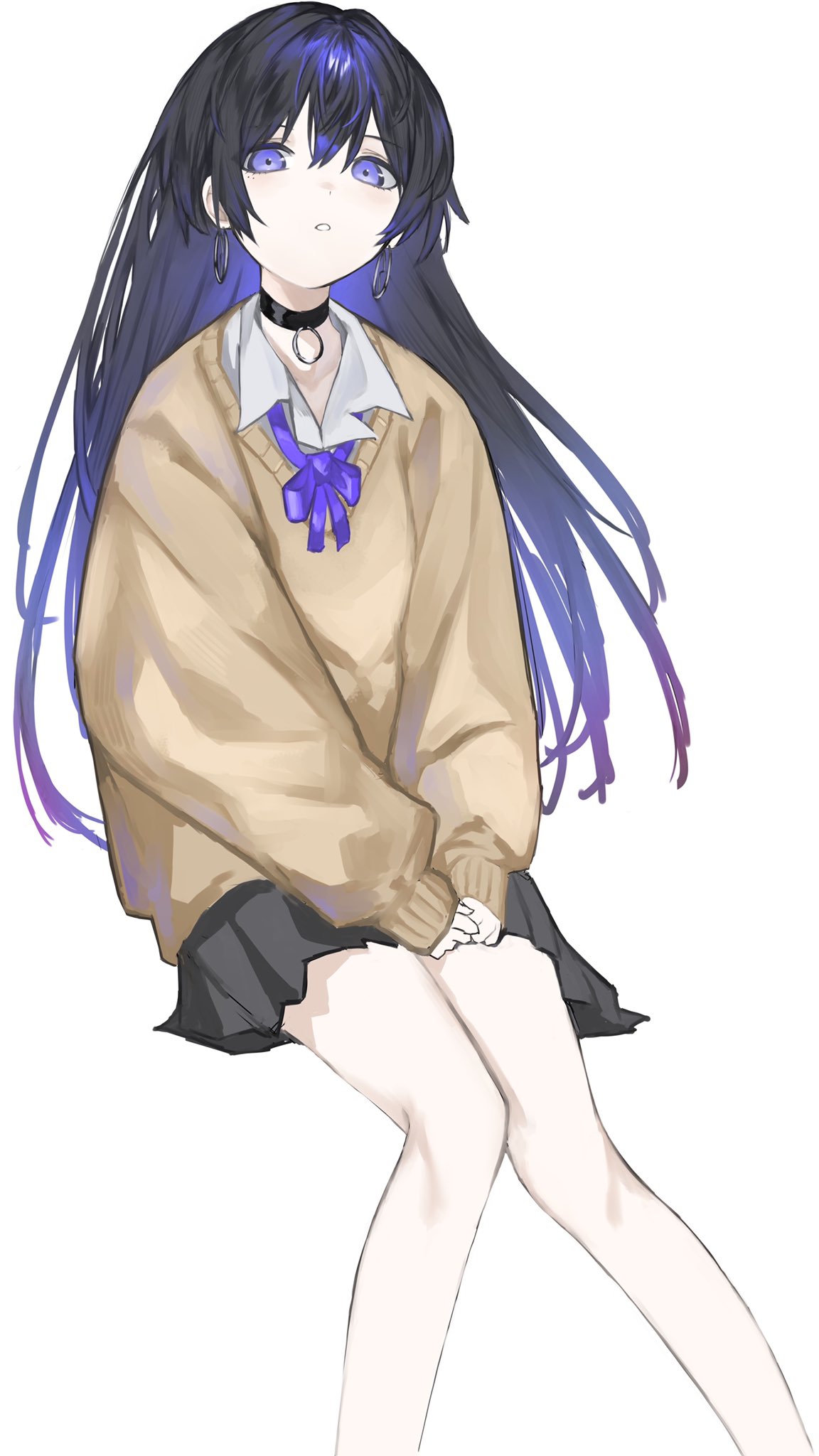 1girl bare_legs black_choker black_hair black_skirt bow bowtie brown_sweater choker collarbone collared_shirt earrings feet_out_of_frame highres hoop_earrings jewelry kamitsubaki_studio koko_(kamitsubaki_studio) long_hair long_sleeves looking_at_viewer multicolored_hair parted_lips purple_hair purple_neckwear school_uniform shirt simple_background skirt sleeves_past_wrists solo streaked_hair suimin_(sui_0y0) sweater violet_eyes virtual_youtuber white_background white_shirt