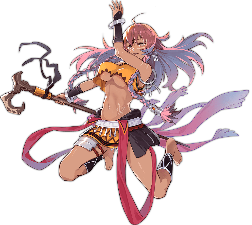 1girl ahoge ark_order artist_request bangs barefoot bracelet braid breasts cane crop_top dark-skinned_female dark_skin earrings facial_mark full_body grin holding holding_cane jewelry jumping kuafu_(ark_order) large_breasts long_hair looking_at_viewer multicolored_hair navel official_art orange_shirt orange_skirt shirt side_braid sidelocks skirt sleeveless sleeveless_shirt smile solo stomach_tattoo tachi-e tattoo thigh_strap transparent_background tribal twin_braids under_boob yellow_eyes
