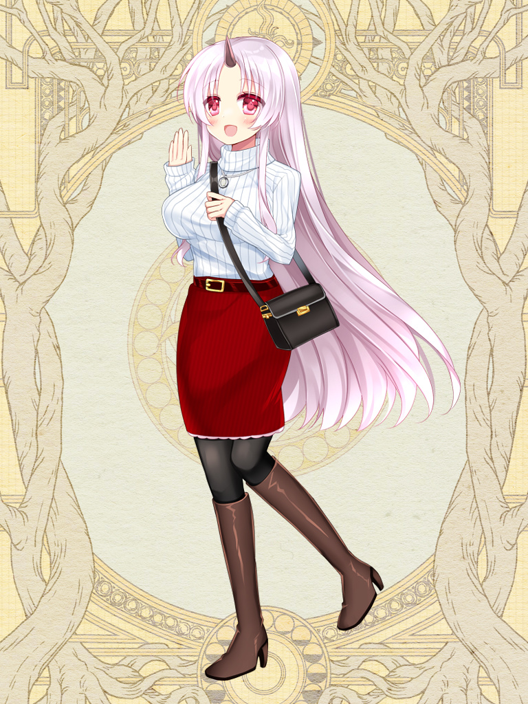 1girl :d bag bangs belt belt_buckle black_belt black_legwear blush boots breasts brown_footwear buckle copyright_request eyebrows_visible_through_hair full_body high_heel_boots high_heels horns knee_boots large_breasts long_hair long_sleeves looking_at_viewer official_art pantyhose parted_bangs pink_hair red_eyes red_skirt ribbed_sweater shikito shoulder_bag single_horn skirt sleeves_past_wrists smile solo standing standing_on_one_leg striped striped_skirt sweater turtleneck turtleneck_sweater vertical-striped_skirt vertical_stripes very_long_hair white_sweater