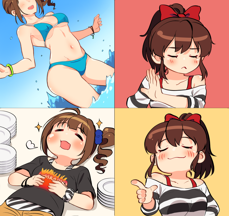 2girls ahoge bangs bikini black_shirt blue_bikini blue_scrunchie blue_sky bow bracelet clear_sky closed_eyes closed_mouth commentary day drakeposting drill_hair english_commentary frown hair_bow hair_ornament hair_scrunchie idolmaster idolmaster_million_live! jewelry kamille_(vcx68) lying medium_hair meme multiple_girls navel off-shoulder_shirt off_shoulder on_back open_mouth outdoors plate ponytail print_shirt puffy_cheeks red_bow satake_minako scrunchie shirt short_sleeves side_drill side_ponytail sky smile standing striped striped_shirt swimsuit t-shirt tank_top w_arms wading water white_scrunchie white_shirt wrist_scrunchie yokoyama_nao