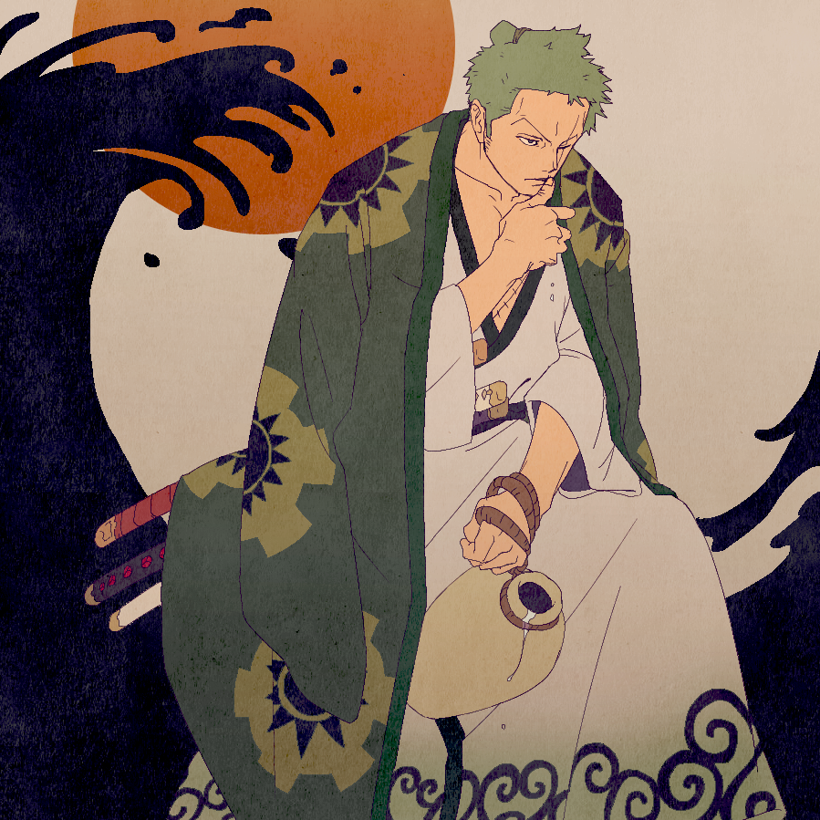 1boy alcohol coat coat_on_shoulders green_hair hand_on_own_face japanese_clothes kimono male_focus obobkkp one_eye_closed one_piece roronoa_zoro sake scar scar_across_eye scar_on_chest sheath sheathed solo sun sword topknot waves weapon