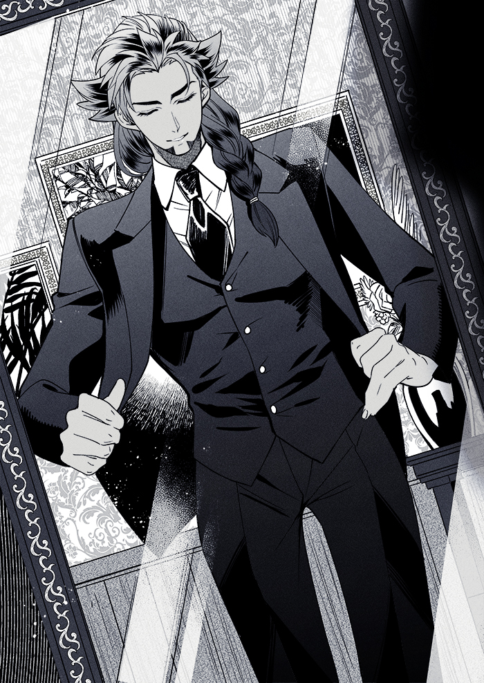 1boy black_hair closed_eyes formal greyscale leon_(pokemon) long_hair looking_at_mirror male_focus mirror monochrome pokemon pokemon_(game) pokemon_swsh tuxedo wokome