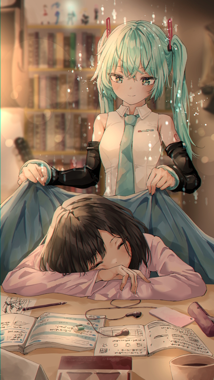 1girl 2girls aqua_eyes aqua_hair aqua_necktie bare_shoulders black_hair black_sleeves blanket blurry blurry_background bokeh book bookshelf cellphone chibi commentary covering_with_blanket cup depth_of_field detached_sleeves drawing earphones eraser hair_ornament hatsune_miku hatsune_miku_(vocaloid4) head_rest highres holding holding_blanket indoors light_particles light_smile long_hair looking_at_another master_(vocaloid) multiple_girls necktie open_book pen pencil_case phone pink_shirt room shirt shirubaa shoulder_tattoo sitting sleeping sleeveless sleeveless_shirt smartphone standing table tattoo twintails v4x very_long_hair vocaloid white_shirt