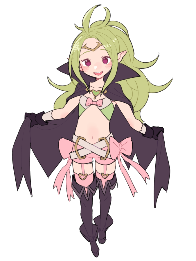 1girl ahoge belt black_footwear black_gloves boots bow cape circlet do_m_kaeru fire_emblem fire_emblem_awakening flat_chest full_body garter_straps gloves green_hair heart long_hair looking_at_viewer manakete navel nowi_(fire_emblem) open_mouth pink_bow pink_legwear pink_shorts pointy_ears ponytail shorts simple_background smile solo stomach thigh-highs violet_eyes white_background