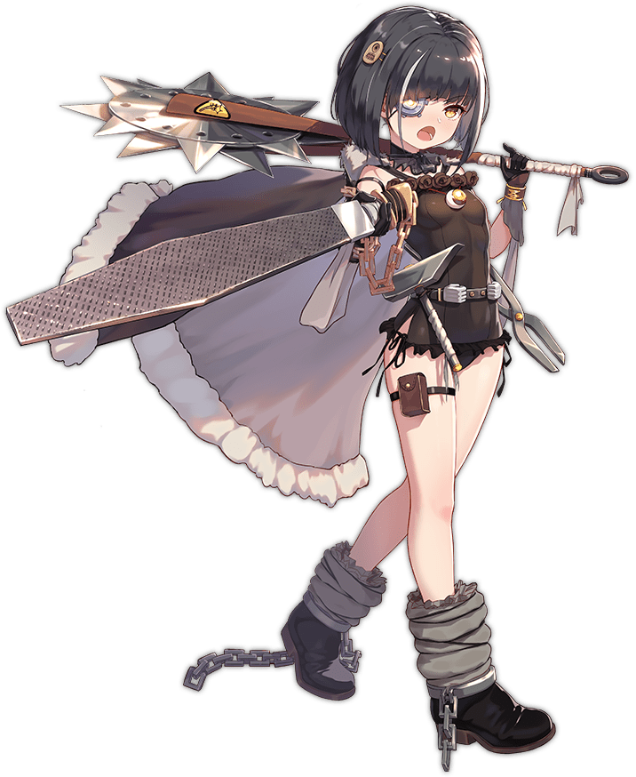 1girl ark_order bangs belt black_cape black_dress black_footwear black_gloves black_hair black_panties bob_cut boots cape chain cuffs cyclops_(ark_order) dress eyepatch frilled_dress frills full_body fur-trimmed_cape fur_trim gears gloves hammer holding holding_weapon looking_at_viewer official_art panties pointing pointing_at_viewer saw shackles short_hair sidelocks solo tachi-e thigh_pouch thigh_strap tongs transparent_background underwear walking weapon you_ni_ge_shaobing