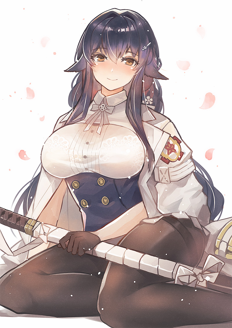 1girl azuma_(azur_lane) azur_lane black_gloves bra bra_visible_through_clothes brown_legwear framed_breasts gloves half_gloves jacket jacket_on_shoulders long_hair looking_at_viewer orange_eyes pantyhose petals purple_hair sea_nami see-through_shirt simple_background solo thigh_strap underwear very_long_hair white_background white_bra white_jacket