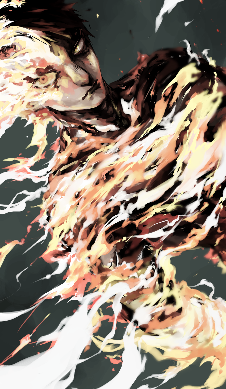 1boy agni_(fire_punch) black_hair burning closed_mouth fire fire_punch flaming_eye green_background highres nakano_(mitinni_tk) short_hair simple_background solo yellow_eyes