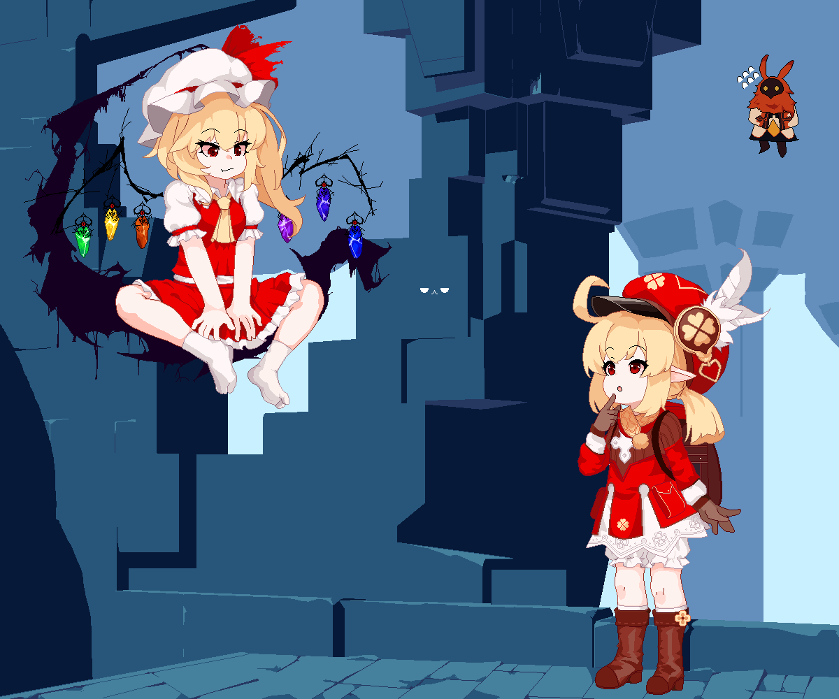 2girls abyss_mage_(genshin_impact) ahoge ascot backpack bag bangs blonde_hair bloomers brown_footwear brown_gloves brown_scarf cabbie_hat clover_print coat commentary_request crossover eyebrows_visible_through_hair finger_to_mouth flandre_scarlet floating flying flying_sweatdrops full_body genshin_impact gloves hair_between_eyes hat hat_feather hat_ornament index_finger_raised indian_style klee_(genshin_impact) kneehighs lazy_lucy long_hair long_sleeves looking_at_another looking_down looking_up low_twintails multiple_girls parted_lips pixel_art pocket pointy_ears puffy_short_sleeves puffy_sleeves randoseru red_coat red_eyes red_headwear scarf short_sleeves side_ponytail sidelocks sitting smile standing touhou trait_connection twintails underwear v_arms white_legwear wings