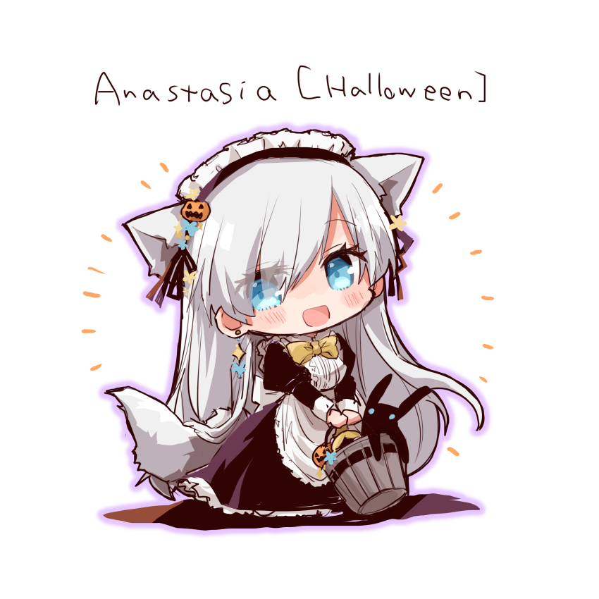 1girl alternate_costume anastasia_(fate) animal_ears apron blue_eyes bucket chibi enmaided fate/grand_order fate_(series) hair_over_one_eye halloween jack-o'-lantern maid maid_apron maid_headdress shio_kuzumochi silver_hair smile tail viy_(fate)