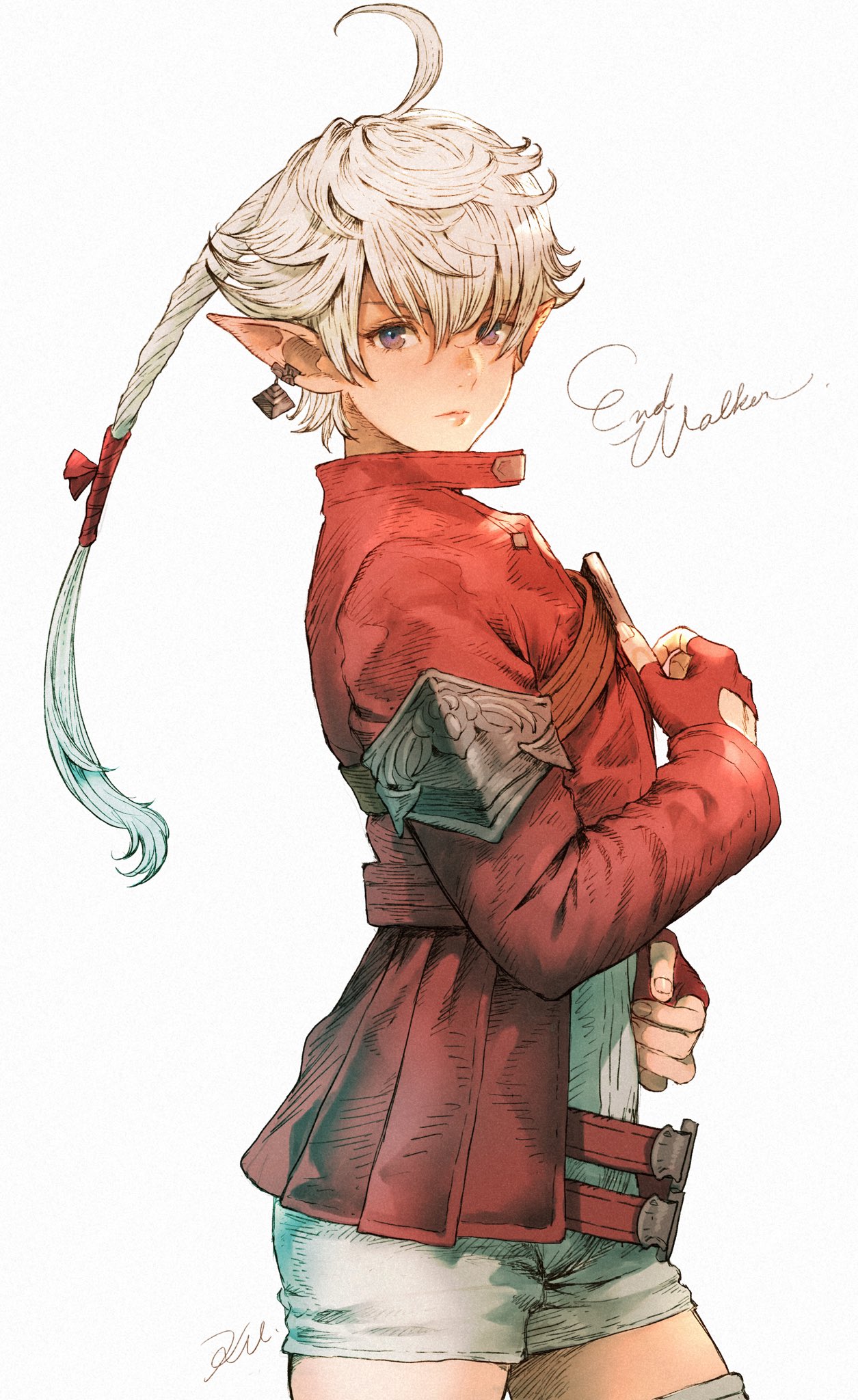 1girl ahoge alisaie_leveilleur bangs belt copyright_name cowboy_shot earclip elezen elf final_fantasy final_fantasy_xiv fingerless_gloves from_side gloves grey_background hair_ribbon hand_on_own_chest hand_on_own_stomach highres jacket kuroimori long_hair looking_at_viewer pointy_ears ponytail red_gloves red_jacket ribbon shirt short_shorts shorts signature silver_hair simple_background solo standing violet_eyes white_shirt white_shorts