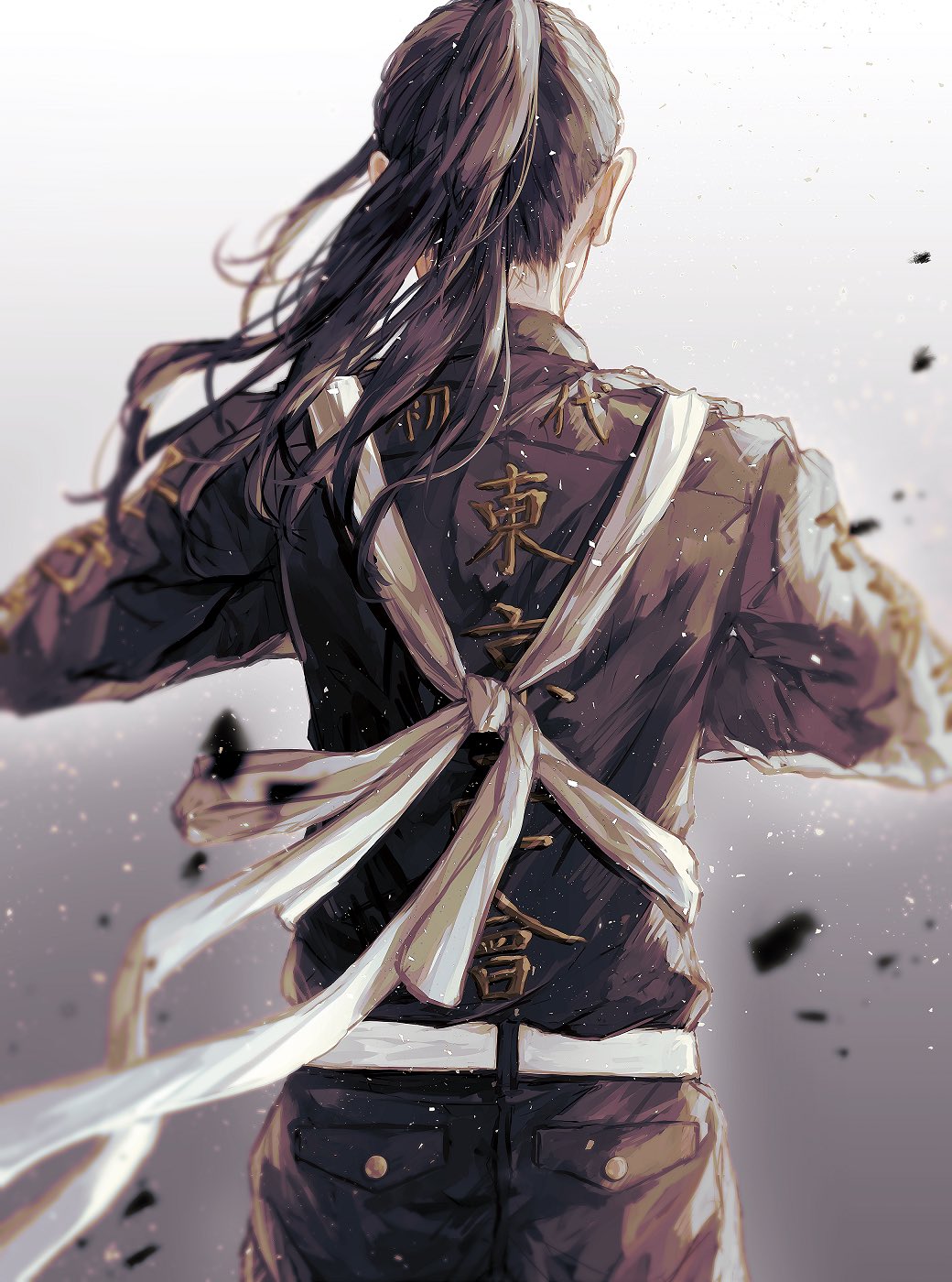 1boy baji_keisuke belt black_hair black_jacket black_pants cowboy_shot debris facing_away grey_background highres jacket long_hair long_sleeves male_focus pants ponytail shoukichi_(sh_twbktr) solo standing tasuki tokyo_revengers white_belt