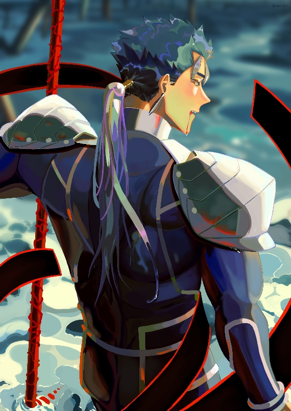 1boy armor beads blood blood_from_mouth blue_bodysuit blue_hair bodysuit cu_chulainn_(fate) cu_chulainn_(fate/stay_night) earrings fate/stay_night fate_(series) floating_hair from_behind gae_bolg_(fate) hair_beads hair_ornament holding holding_polearm holding_weapon jewelry lacu_lain long_hair looking_back male_focus muscular muscular_male pauldrons polearm ponytail red_eyes shoulder_armor solo spiky_hair weapon