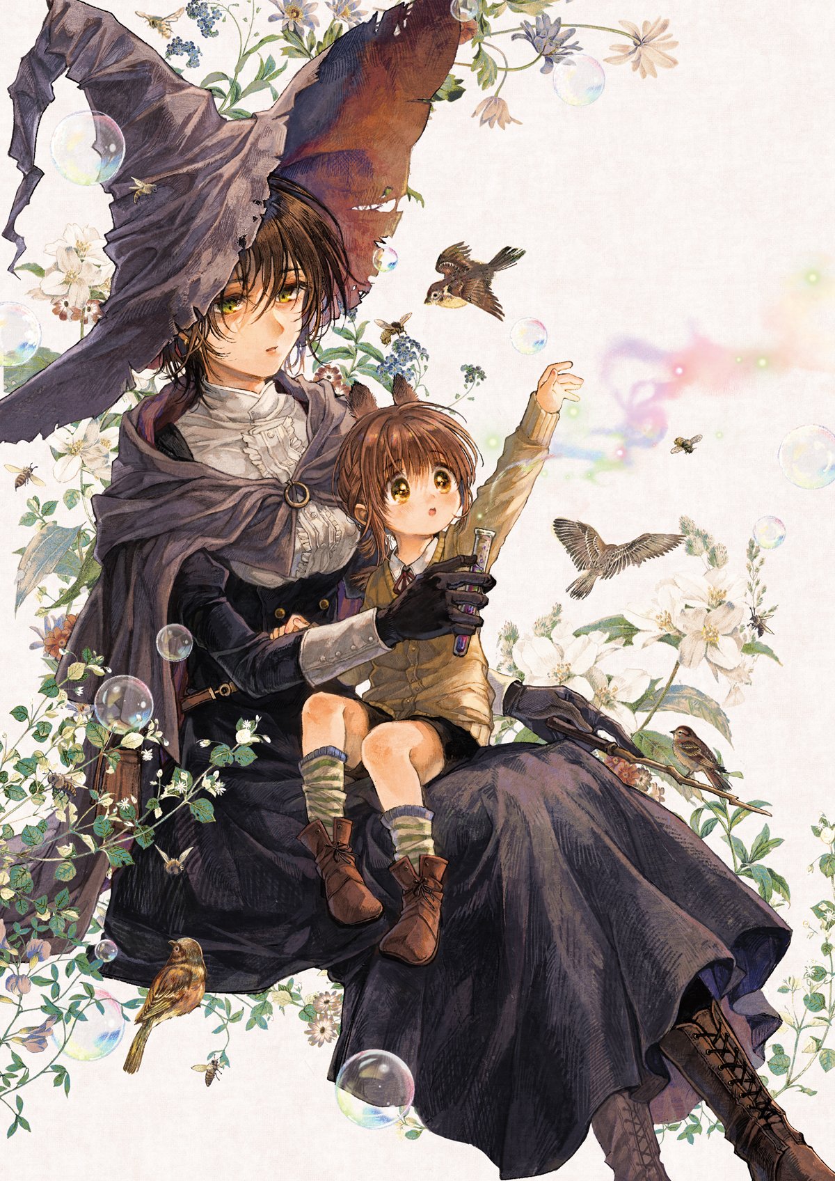 2girls :o age_difference animal_ears bee bird boots bubble bug cape flower gloves hat highres itou_hachi long_skirt multiple_girls original plant sitting sitting_on_person skirt smoke socks sparrow sweater tube witch witch_hat