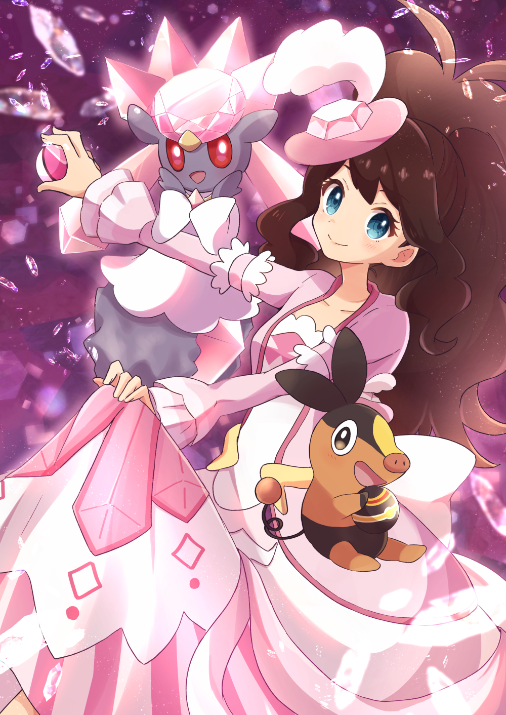 1girl antenna_hair bangs blue_eyes blurry blush brown_hair closed_mouth collarbone commentary_request crystal diancie dress eyelashes haru_(haruxxe) hat high_ponytail highres hilda_(pokemon) holding holding_poke_ball long_sleeves love_ball luxury_ball official_alternate_costume pink_headwear poke_ball pokemon pokemon_(creature) pokemon_(game) pokemon_masters_ex sidelocks smile tepig