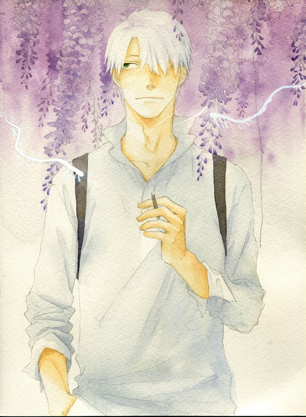 1boy amber_t backpack bag bangs chinese_commentary cigarette closed_mouth collared_shirt cowboy_shot facing_viewer ginko green_eyes hair_over_one_eye hand_in_pocket hand_up highres holding holding_cigarette leaf long_sleeves looking_to_the_side male_focus mushi_(mushishi) mushishi one_eye_covered painting_(medium) plant popped_collar shirt sideways_glance smoking solo standing traditional_media watercolor_(medium) white_background white_hair white_shirt