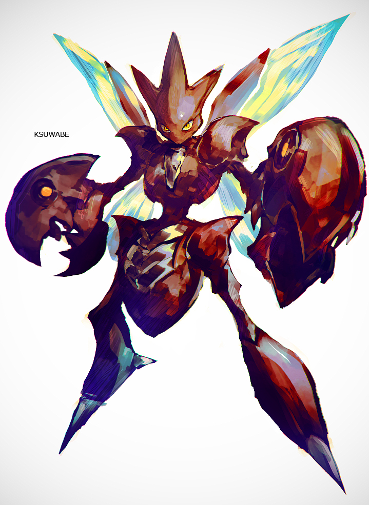 artist_name claws colored_skin grey_background k-suwabe looking_at_viewer no_humans pokemon pokemon_(creature) red_skin scizor simple_background solo wings yellow_eyes