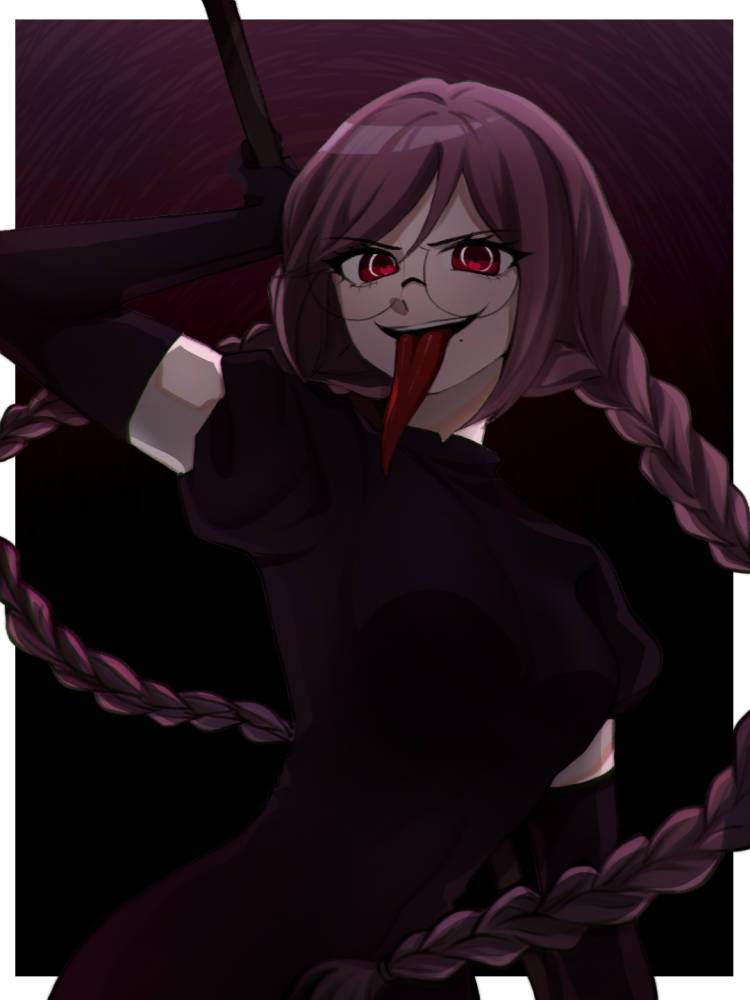 1girl :d alternate_costume bangs black_background black_gloves black_shirt border braid breasts brown_hair commentary_request danganronpa:_trigger_happy_havoc danganronpa_(series) dokudokudoku elbow_gloves fukawa_touko genocider_shou glasses gloves holding holding_weapon large_breasts long_hair mole mole_under_mouth puffy_short_sleeves puffy_sleeves purple_background red_eyes round_eyewear school_uniform shiny shiny_hair shirt short_sleeves smile solo teeth twin_braids upper_body upper_teeth weapon weapon_behind_back white_border