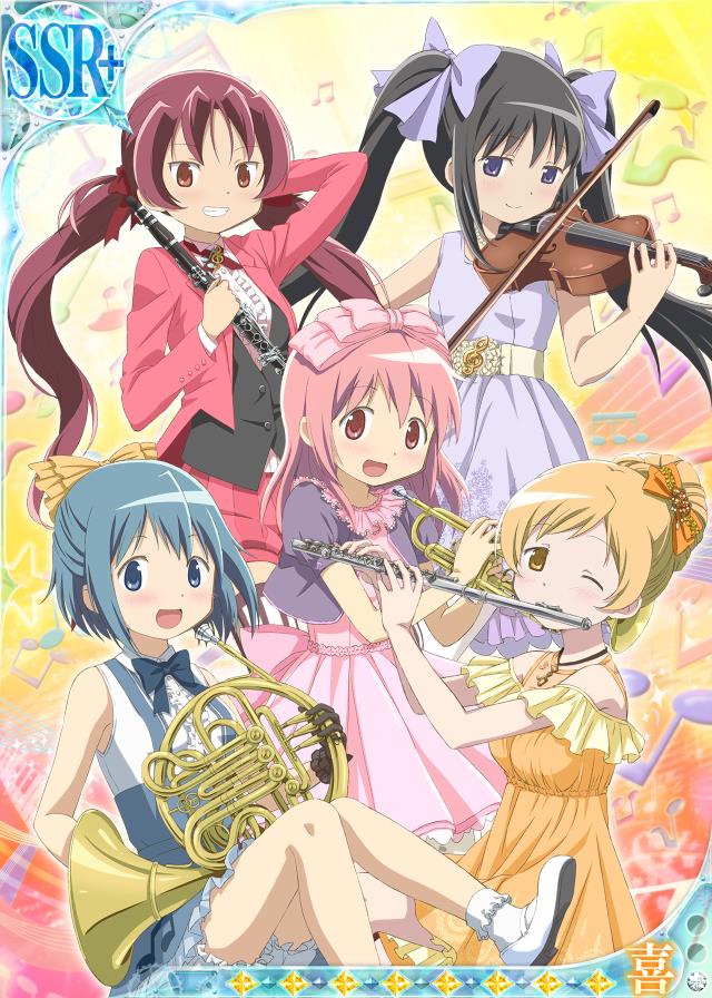 5girls akemi_homura alternate_costume alternate_hairstyle arm_behind_head back_bow bare_arms bare_legs belt black_gloves black_hair black_vest blazer blonde_hair bloomers blue_eyes blue_hair blue_ribbon bobby_socks bow bow_(instrument) braid braided_bun buttons card_(medium) center_frills clarinet collared_dress dress flute french_horn frills gloves gradient gradient_background grin hair_bun hair_down hair_ribbon holding holding_instrument instrument instrument_request jacket jewelry kaname_madoka knees_together_feet_apart looking_at_viewer low_twintails mahou_shoujo_madoka_magica mary_janes medium_hair miki_sayaka multicolored_background multiple_girls music musical_note musical_note_background musical_note_print neck_ribbon necklace off-shoulder_dress off_shoulder official_art one_eye_closed orange_background orange_dress orange_ribbon pink_background pink_bow pink_dress pink_eyes pink_hair pink_ribbon playing_instrument puffy_short_sleeves puffy_shorts puffy_sleeves purple_dress purple_ribbon red_eyes red_jacket red_legwear red_ribbon redhead ribbon sakura_kyouko shoes short_hair short_sleeves shorts sleeveless sleeveless_dress smile socks sparkle sparkle_background staff_(music) star_(symbol) starry_background striped striped_legwear striped_shorts thigh-highs tomoe_mami trading_card trumpet twintails underwear vertical-striped_legwear vertical_stripes vest violet_eyes violin white_bloomers white_footwear white_legwear yellow_background yellow_belt yellow_eyes zettai_ryouiki