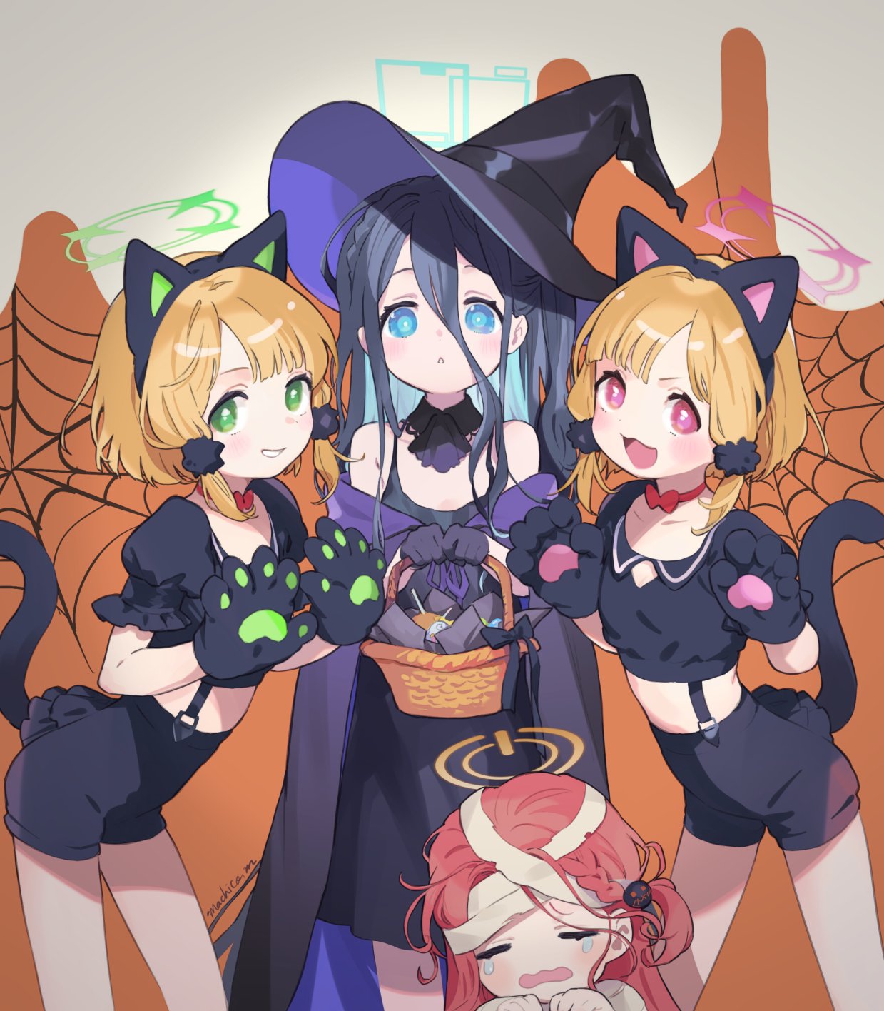 4girls :&lt; alternate_costume animal_ears animal_hands arisu_(blue_archive) bandaged_head bandages bangs basket black_gloves black_hair blonde_hair blue_archive blue_eyes blue_hair blush candy cat_ears cat_tail choker closed_mouth fake_animal_ears food gloves green_eyes hair_between_eyes hair_ornament halloween halloween_costume halo hat highres holding long_hair machico midori_(blue_archive) momoi_(blue_archive) multicolored_hair multiple_girls open_mouth paw_gloves pink_eyes red_choker redhead short_hair shorts silk simple_background spider_web suspender_shorts suspenders tail tears two-tone_hair very_long_hair witch_hat yuzu_(blue_archive)