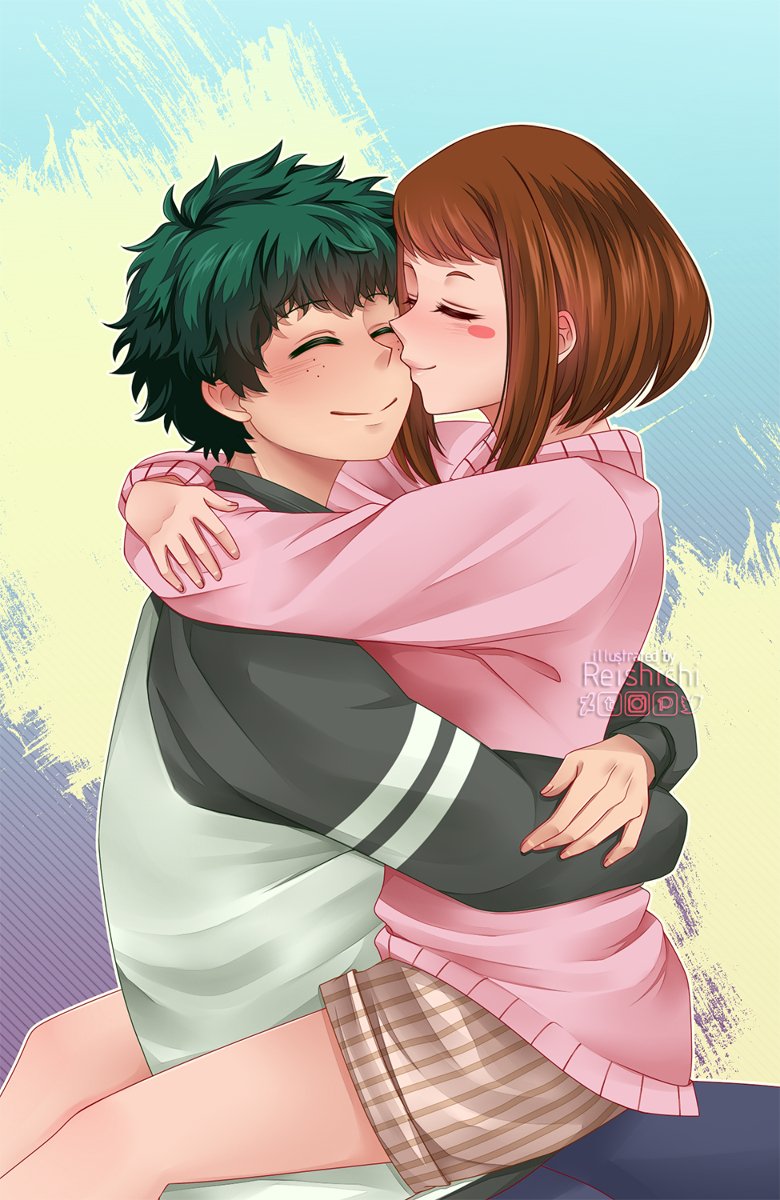 1boy 1girl bare_legs blush boku_no_hero_academia brown_hair closed_eyes couple cuddling ear_blush green_hair hetero highres hug kiss kissing_cheek midoriya_izuku reishichi simple_background sitting sitting_on_lap sitting_on_person uraraka_ochako