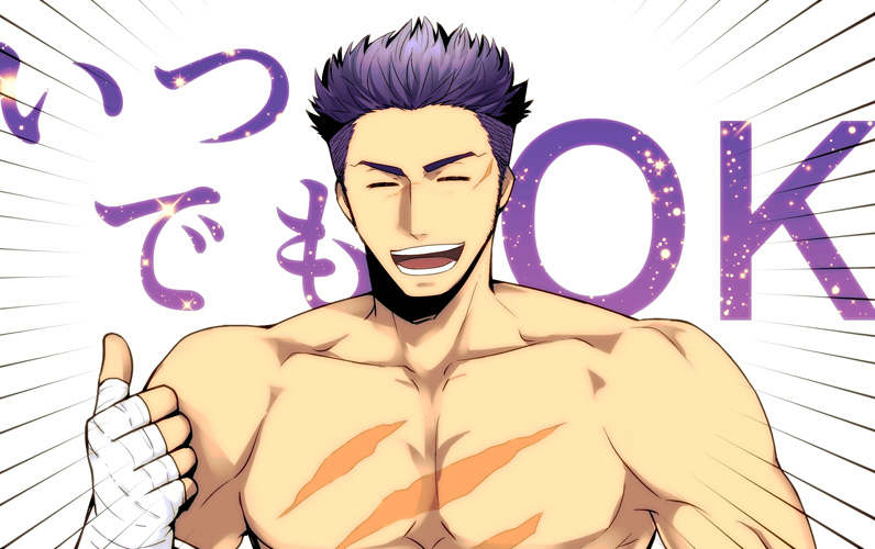 1boy :d bandaged_arm bandages closed_eyes english_commentary facing_viewer fate/grand_order fate_(series) fergus_mac_roich_(fate) male_focus male_pubic_hair muscular muscular_male niku_(iku76366033) no_nipples nude pectorals pubic_hair purple_hair scar scar_on_chest short_hair sideburns smile solo thumbs_up undercut upper_body