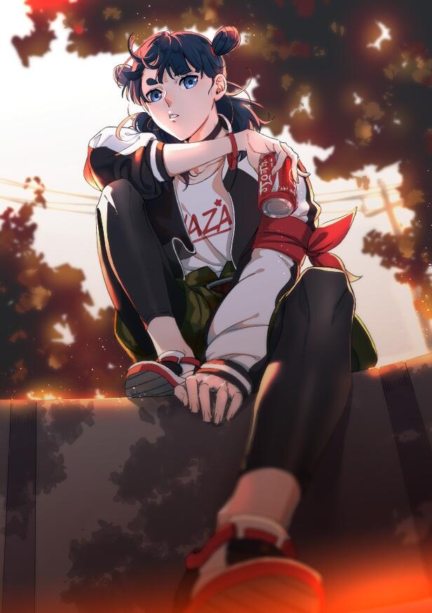 1boy bangs black_hair black_legwear blue_eyes camouflage camouflage_shorts can double_bun full_body holding holding_can knee_up legwear_under_shorts nezha_(the_legend_of_luoxiaohei) parted_lips plant power_lines print_shirt rum-tang shadow shirt shorts sitting solo the_legend_of_luo_xiaohei tree white_shirt