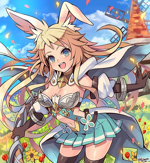 1girl animal_ears bangs bare_shoulders blonde_hair bow_(weapon) breasts clouds cloudy_sky dragalia_lost eleonora_(dragalia_lost) flower fujimaru_(green_sparrow) holding holding_bow_(weapon) holding_weapon large_breasts long_hair outdoors petals rabbit_ears sky smile solo thigh-highs weapon windmill