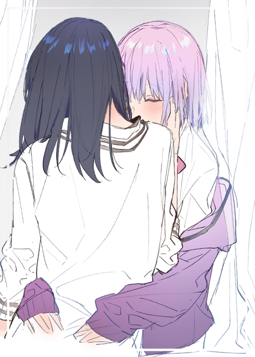 2girls bangs black_hair blush collared_shirt commentary curtains gridman_universe hand_on_another's_face hatyo hood hoodie hug korean_commentary medium_hair multiple_girls off_shoulder purple_hair purple_hoodie shinjou_akane shirt sketch ssss.gridman sweater takanashi_rikka white_shirt white_sweater yuri