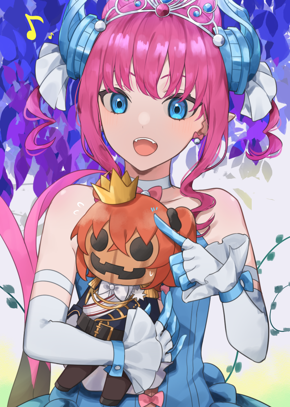 1girl :d bangs blue_dress blue_eyes blush bow bow_earrings bowtie character_doll commentary_request crossed_bangs crown detached_sleeves doll dress earrings elizabeth_bathory_(fate) elizabeth_bathory_(fate/extra_ccc) fangs fate/grand_order fate_(series) fingerless_gloves flying_sweatdrops fujimaru_ritsuka_(female) gloves hair_ornament highres holding holding_doll horns index_finger_raised jewelry long_hair looking_at_viewer musical_note open_mouth pink_hair pointing pointy_ears smile solo teeth upper_body upper_teeth white_bow white_bowtie white_gloves younomiti