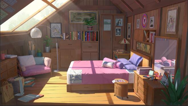 bag bed bed_sheet bedroom book chinese_commentary clock commentary_request cosmetics couch cup flower_pot lamp mirror no_humans original painting_(object) pillow plant portrait_(object) scenery shade shelf sunlight trash_can tree window wooden_floor xingzhi_lv