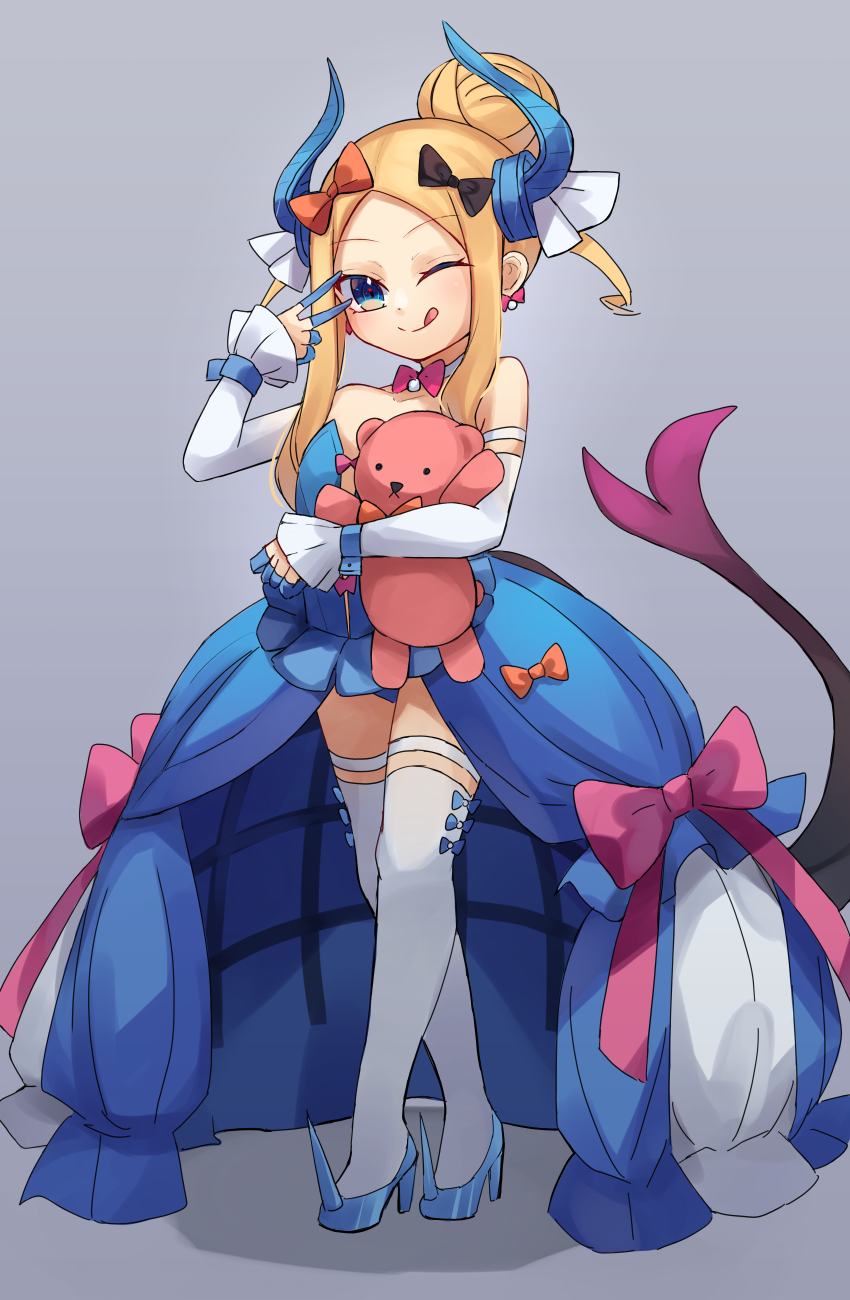 1girl ;q abigail_williams_(fate) bangs blonde_hair blue_dress blue_eyes breasts cosplay dress elizabeth_bathory_(cinderella_rider)_(fate) elizabeth_bathory_(cinderella_rider)_(fate)_(cosplay) elizabeth_bathory_(fate) fate/grand_order fate_(series) forehead full_body hair_bun highres long_hair looking_at_viewer miya_(miyaruta) one_eye_closed parted_bangs showgirl_skirt sidelocks small_breasts smile solo stuffed_animal stuffed_toy tail teddy_bear thigh-highs tongue tongue_out