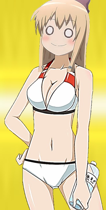 1girl 2014 absurdres alternate_breast_size artist_request bikini blonde_hair bottle closed_mouth female gradient gradient_background hair_ornament hair_ribbon halterneck highres laminado_bikini long_hair navel official_art ribbon smile solo surpised surprised swimsuit toshinou_kyouko very_long_hair white_eyes yuru_yuri